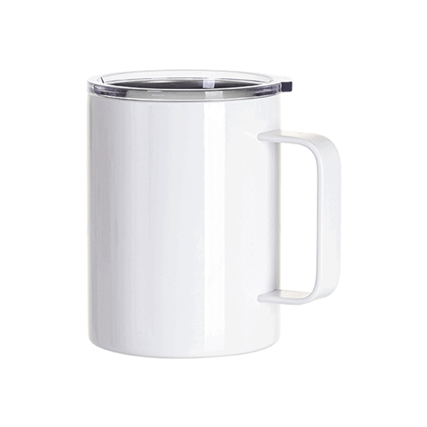 13oz 400ml Stainless Steel Coffee Cup with Clear Flat Lid & Handle - Full Colour Artwork Sublimation Printed