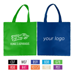 Two promotional tote bag in green and blue featuring a logo design