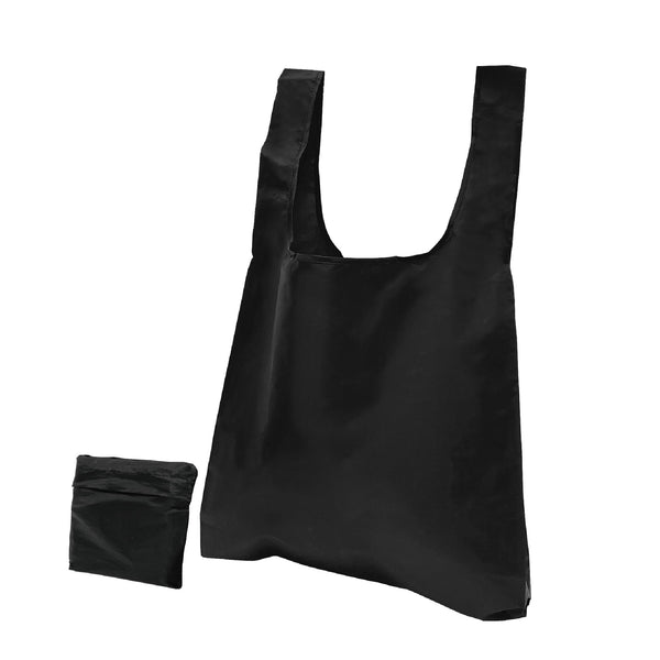 A black foldable nylon shopping bag with a small pocket