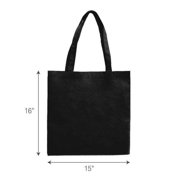 A black non-woven bag with long handles and measurements