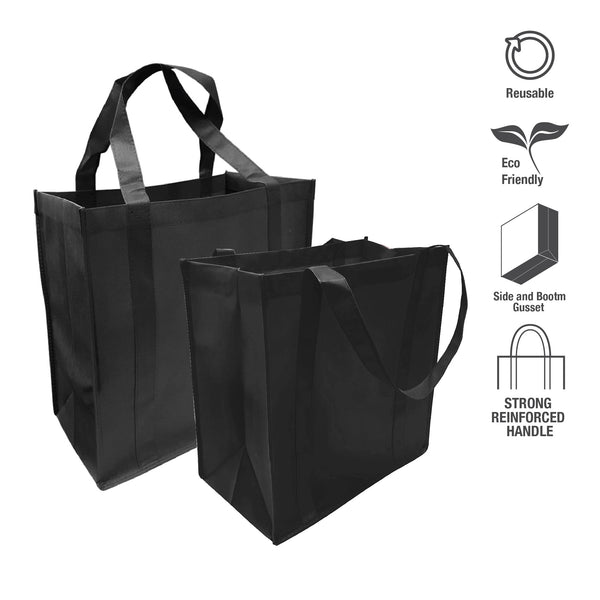 Black shopping bags with handles and feature icons