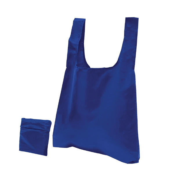 A blue foldable nylon shopping bag with a small pocket