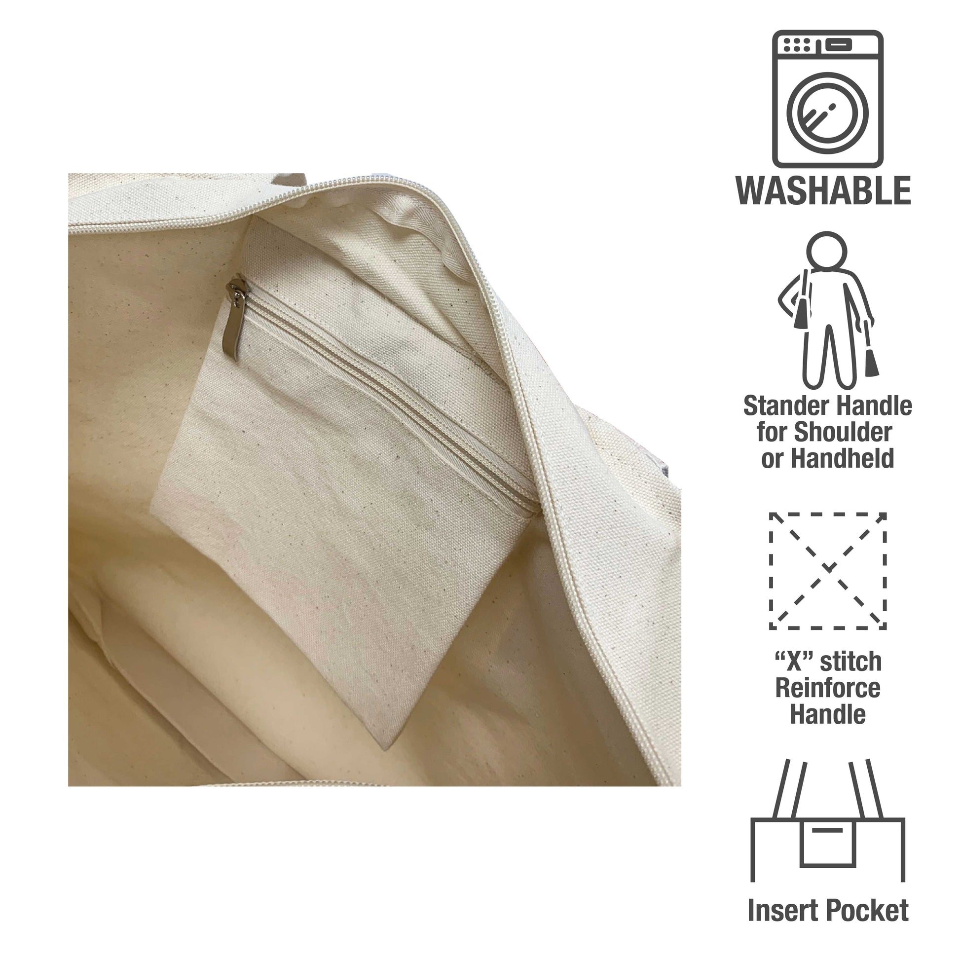Close up of inside pocket in large canvas bag with open zipper