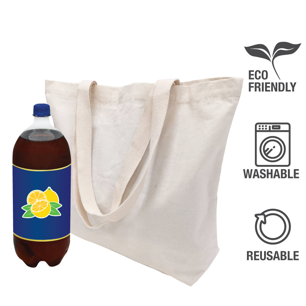 A plain tote bag with a bottle of drink and three labels