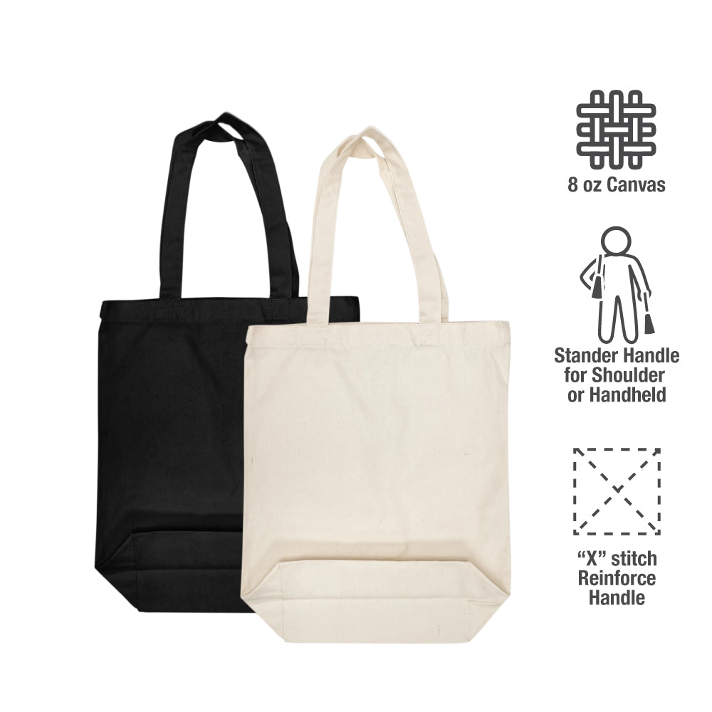 Two canvas tote bags in black and white with labels