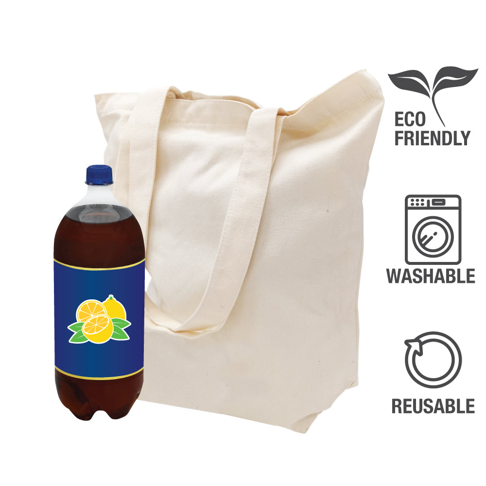 A canvas bag with labels and a bottle of water.