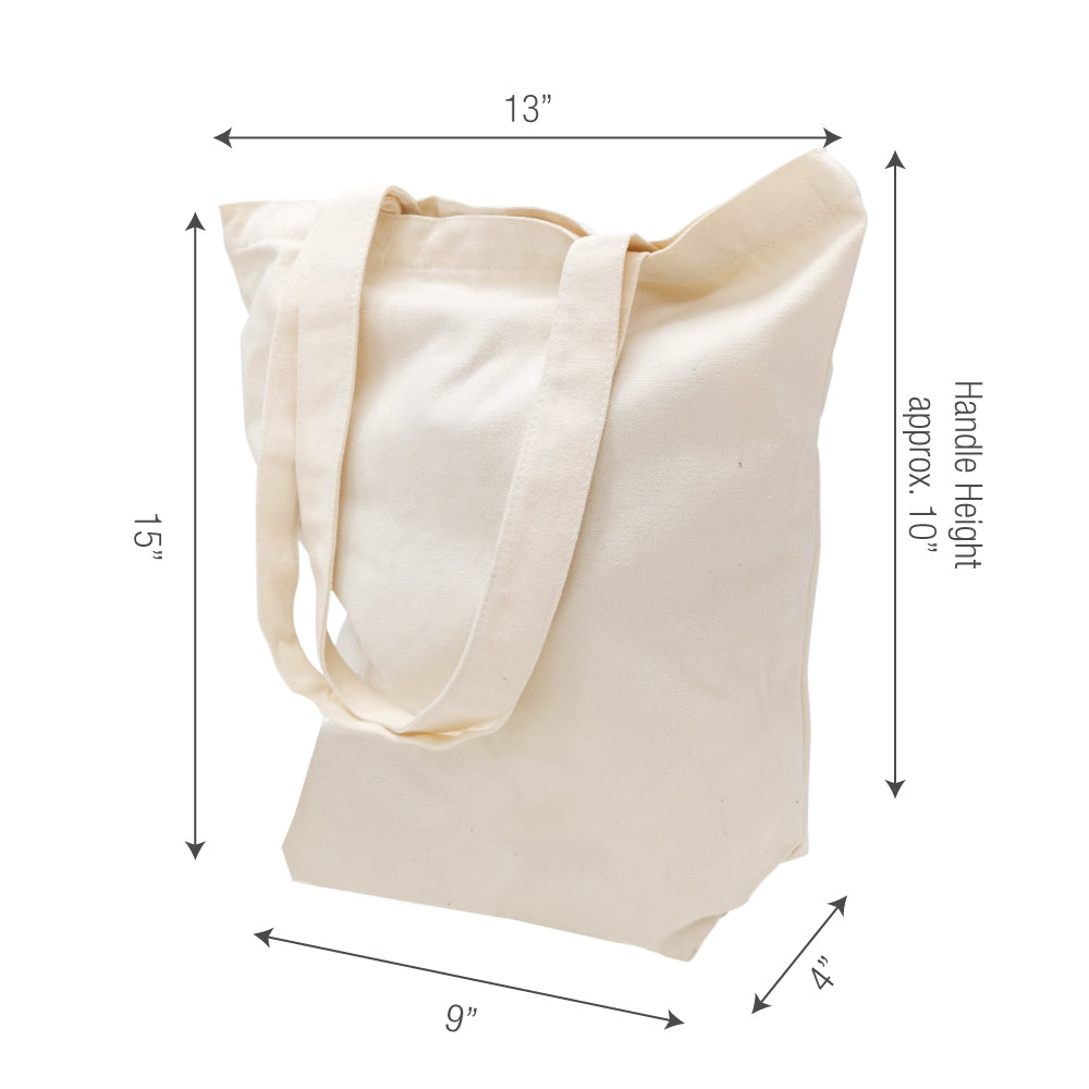 A canvas tote bag with measurements