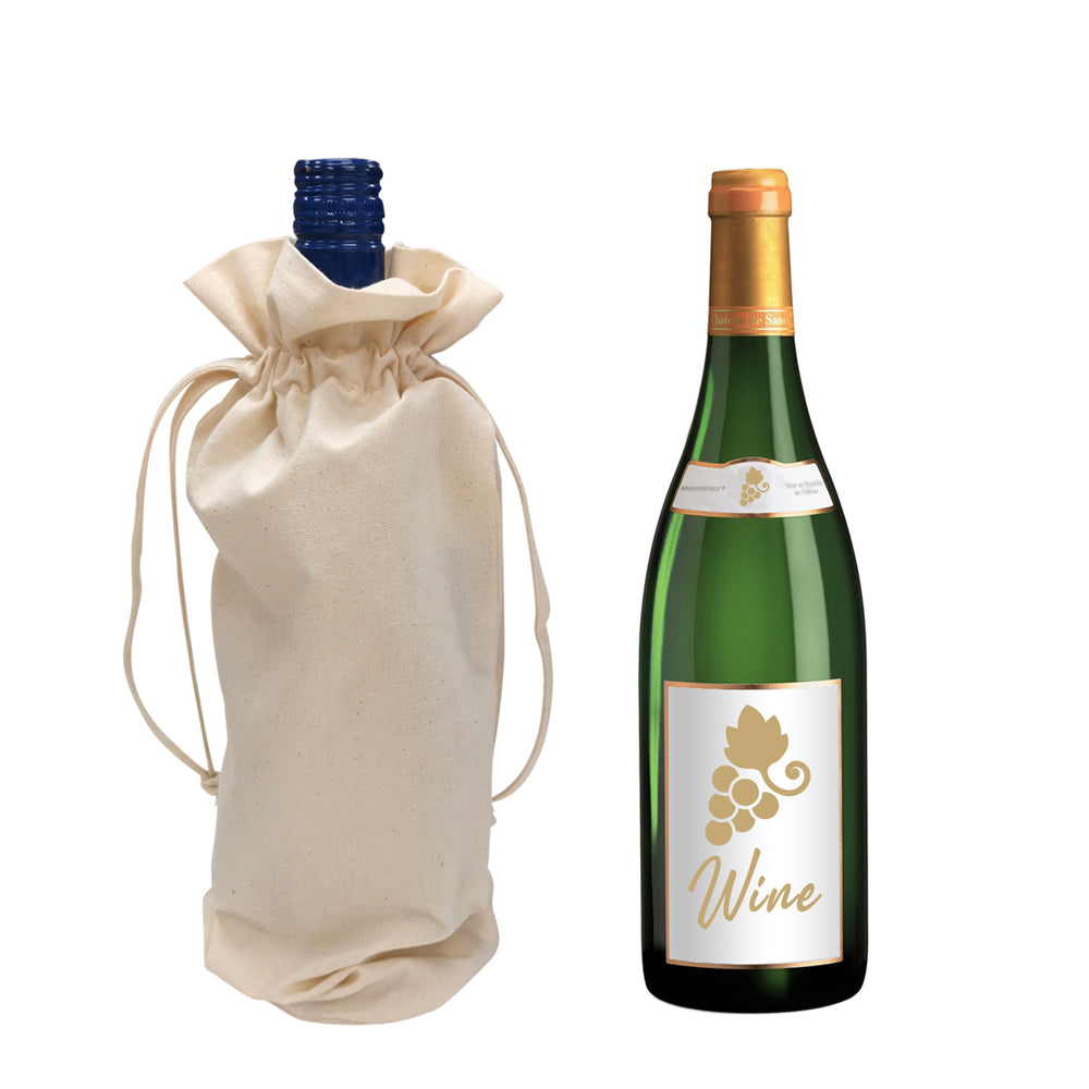 A bottle of wine next to a plain canvas wine bag
