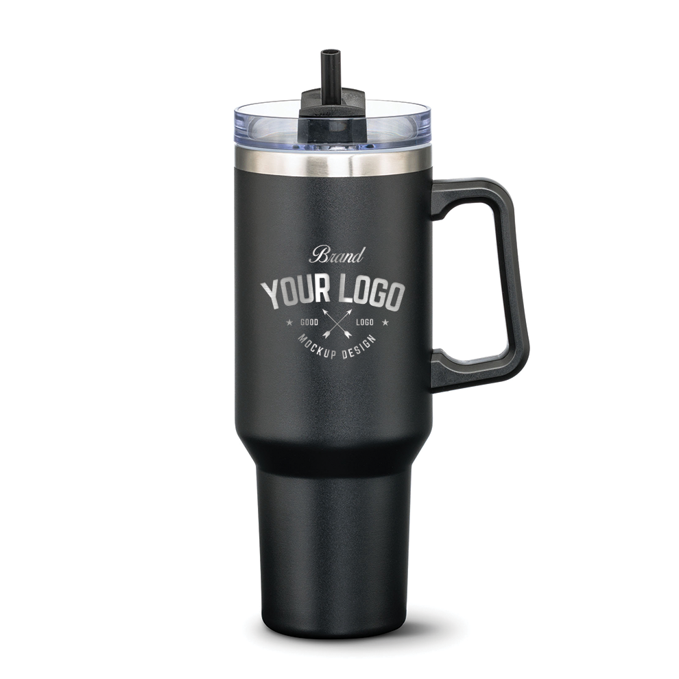 Double Insulated Compeer Handle Travel Mug w/Straw - 40oz - Custom Laser Engrave Logo Printing - 12pcs to Start