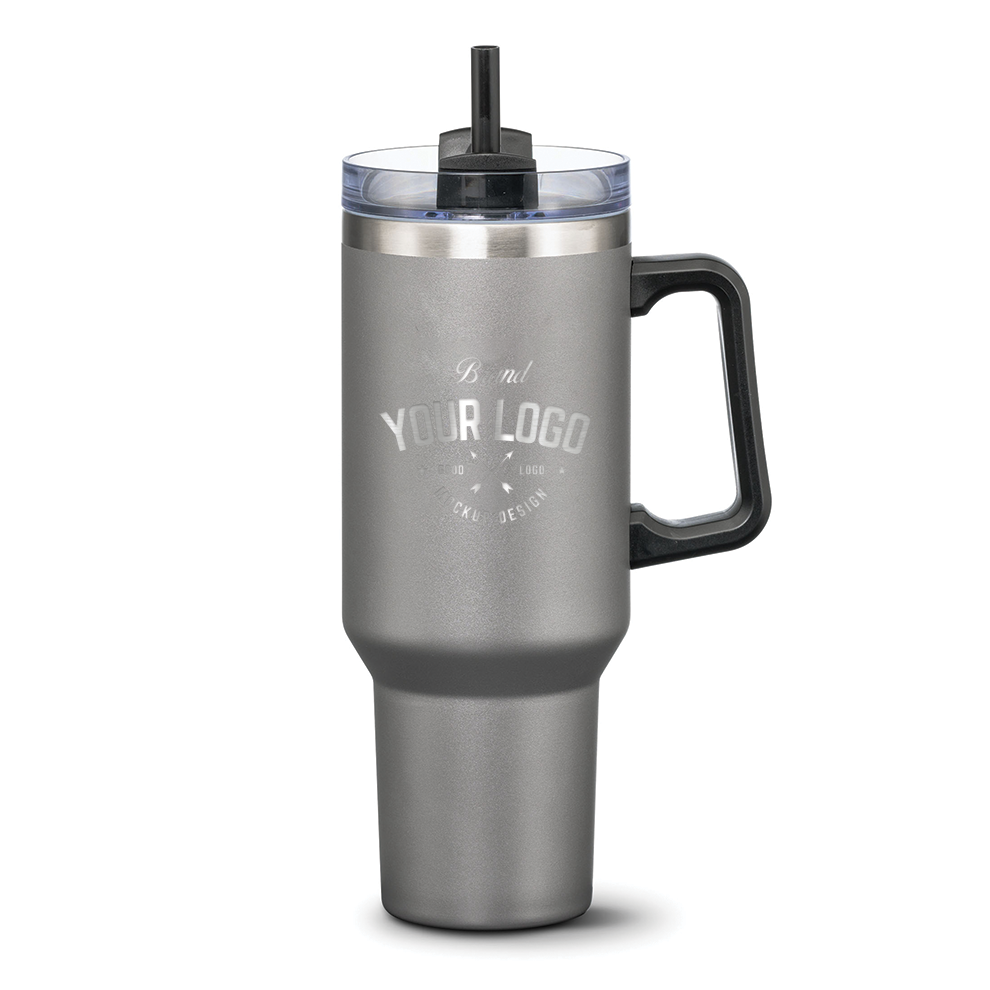 Double Insulated Compeer Handle Travel Mug w/Straw - 40oz - Custom Laser Engrave Logo Printing - 12pcs to Start