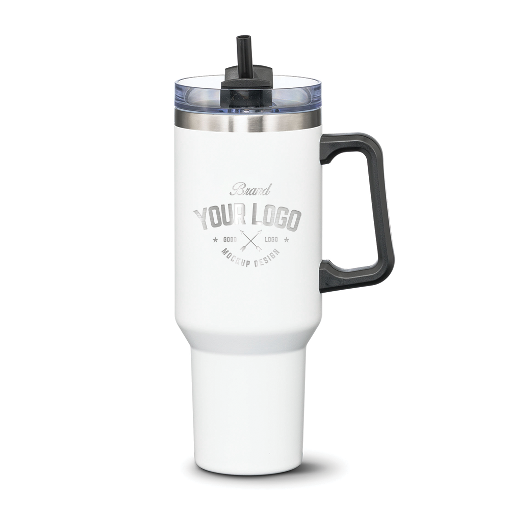 Double Insulated Compeer Handle Travel Mug w/Straw - 40oz - Custom Laser Engrave Logo Printing - 12pcs to Start