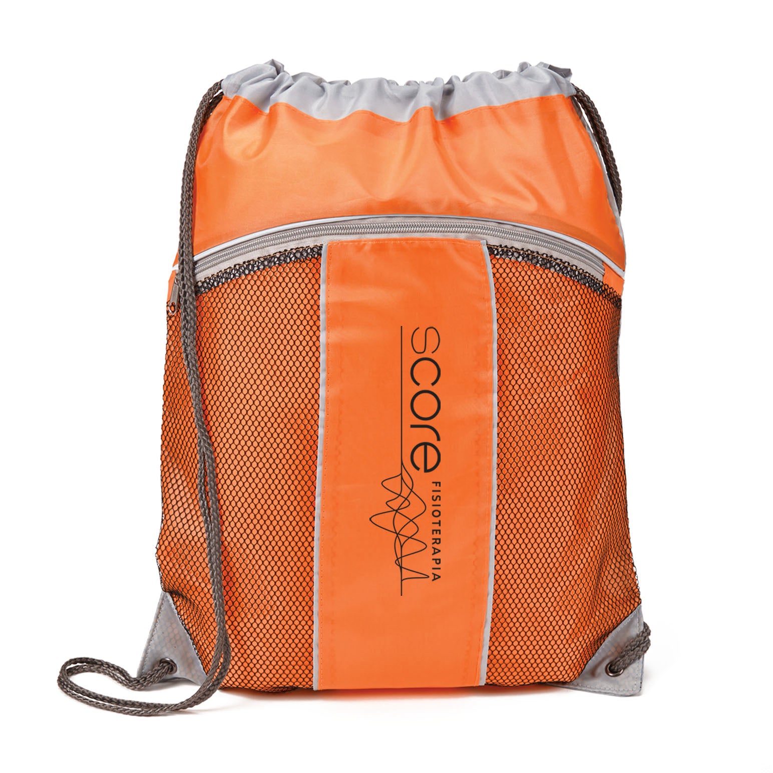 A orange drawstring bag with a black logo on it