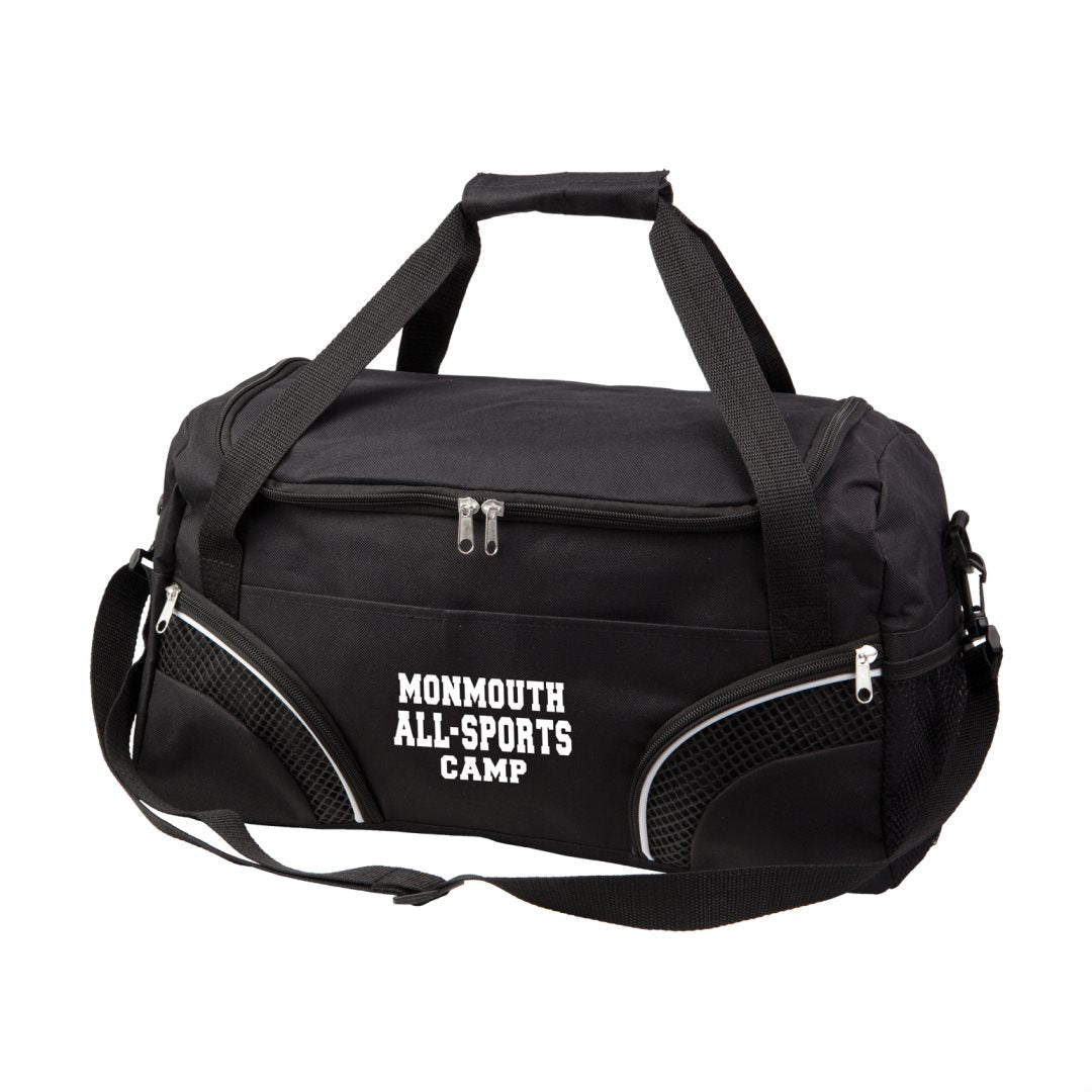 Black duffel bag with white logo and 2 Corner Pockets