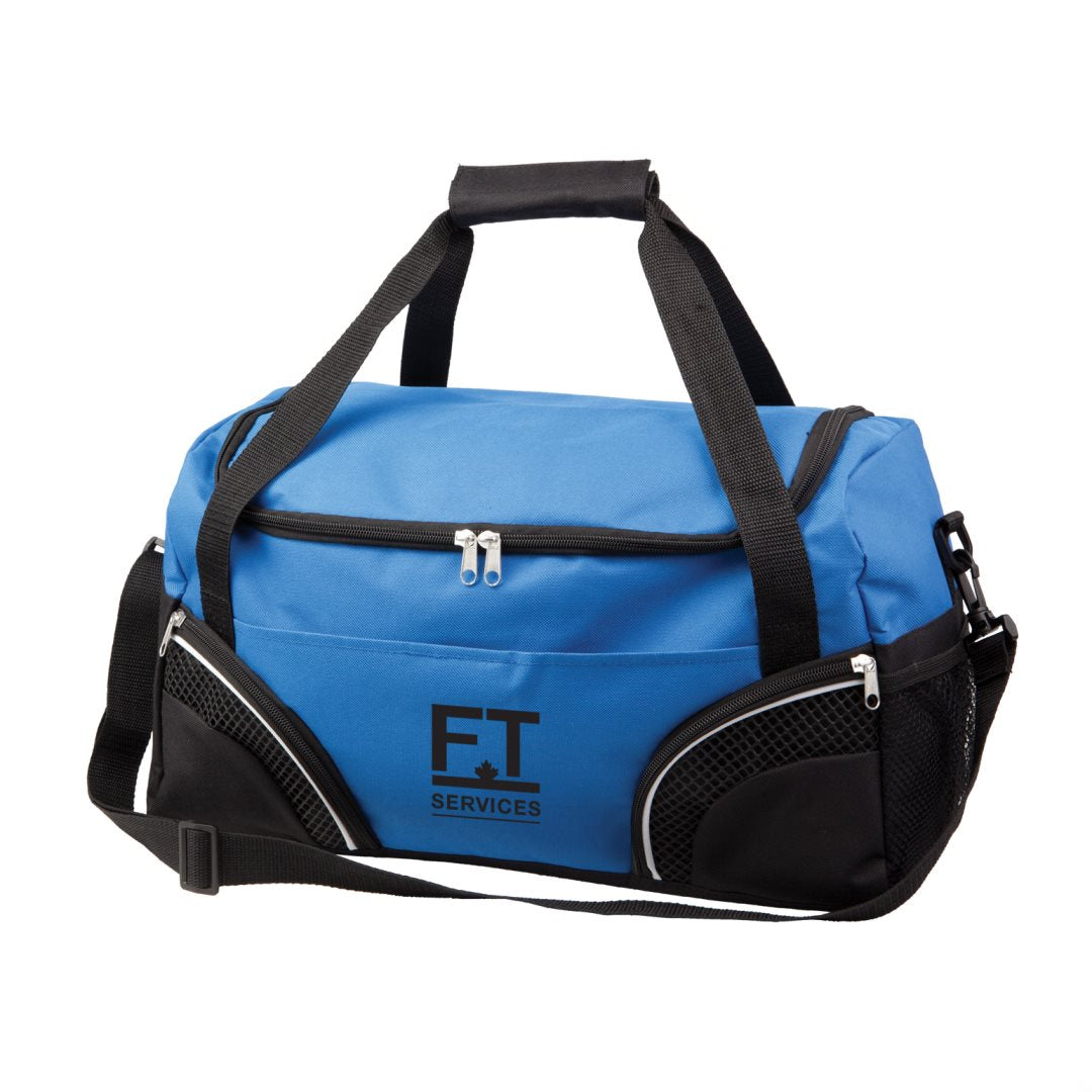 Blue duffel bag with black handles and 2 Corner Pockets