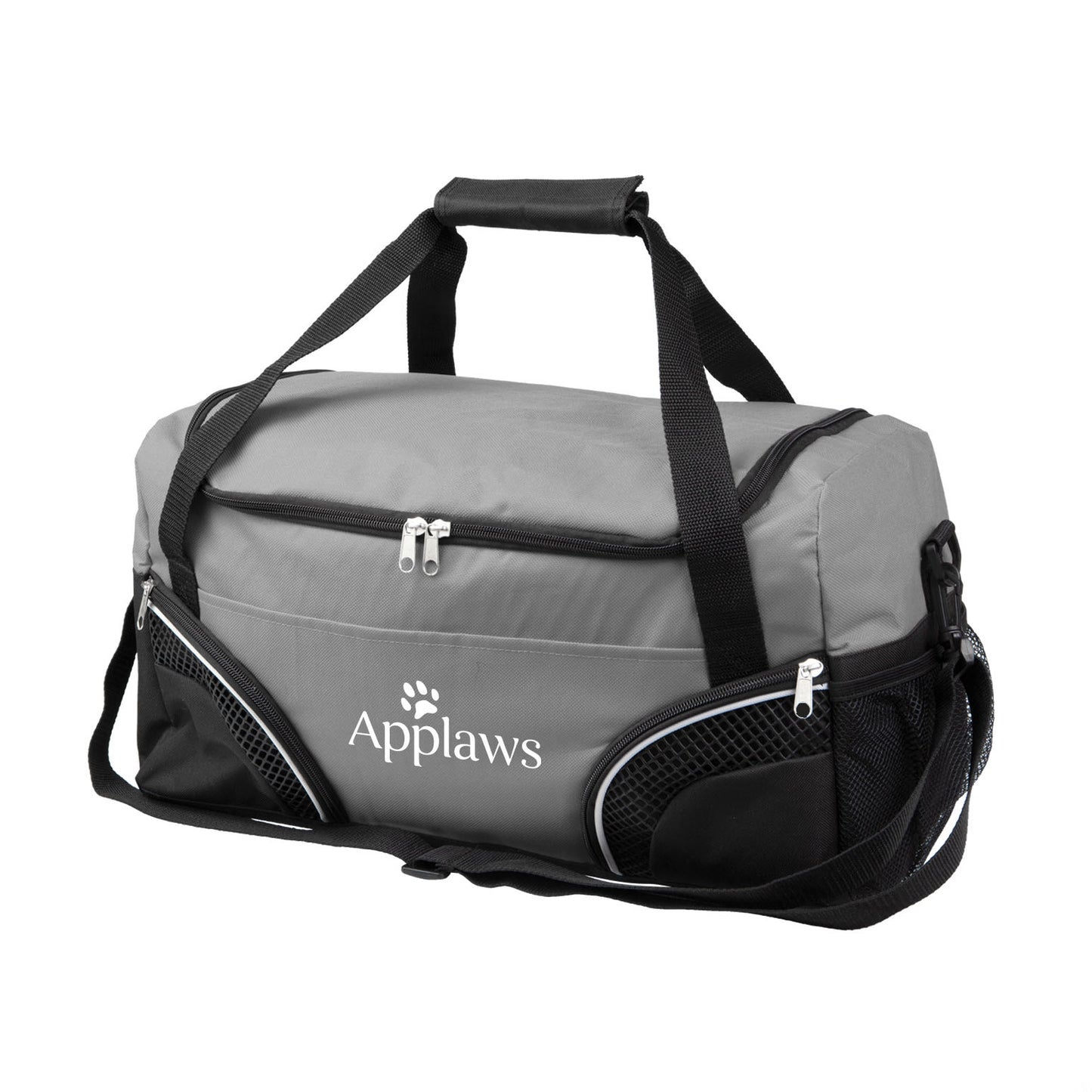 Grey duffel bag with black handles and 2 Corner Pockets