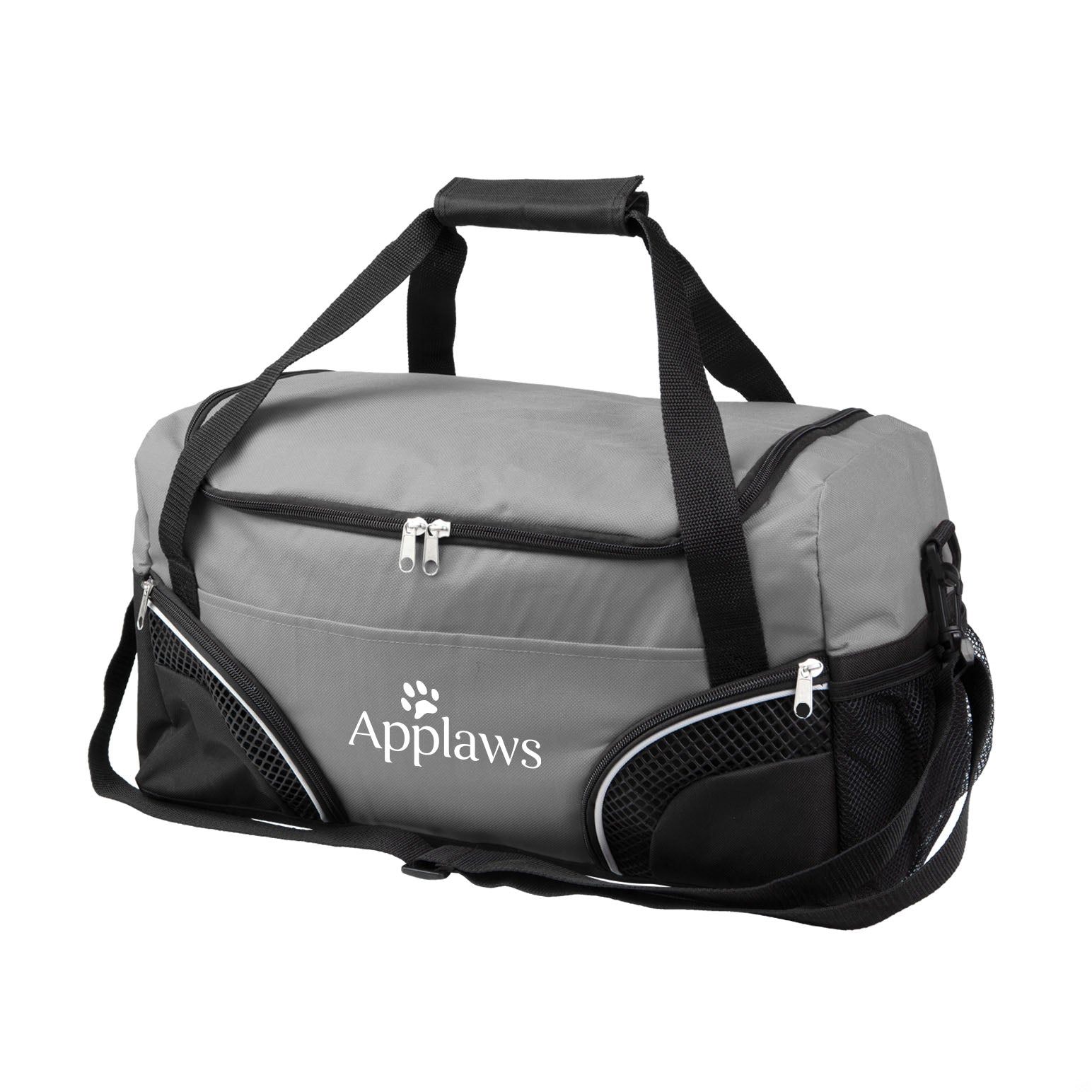 Grey duffel bag with black handles and 2 Corner Pockets