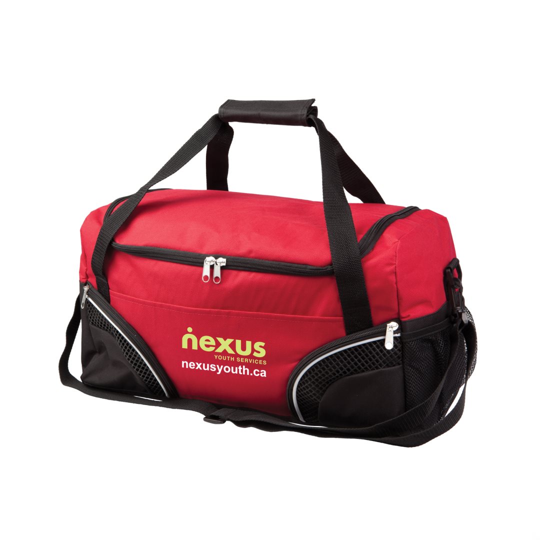 Red duffel bag with black handles and 2 Corner Pockets