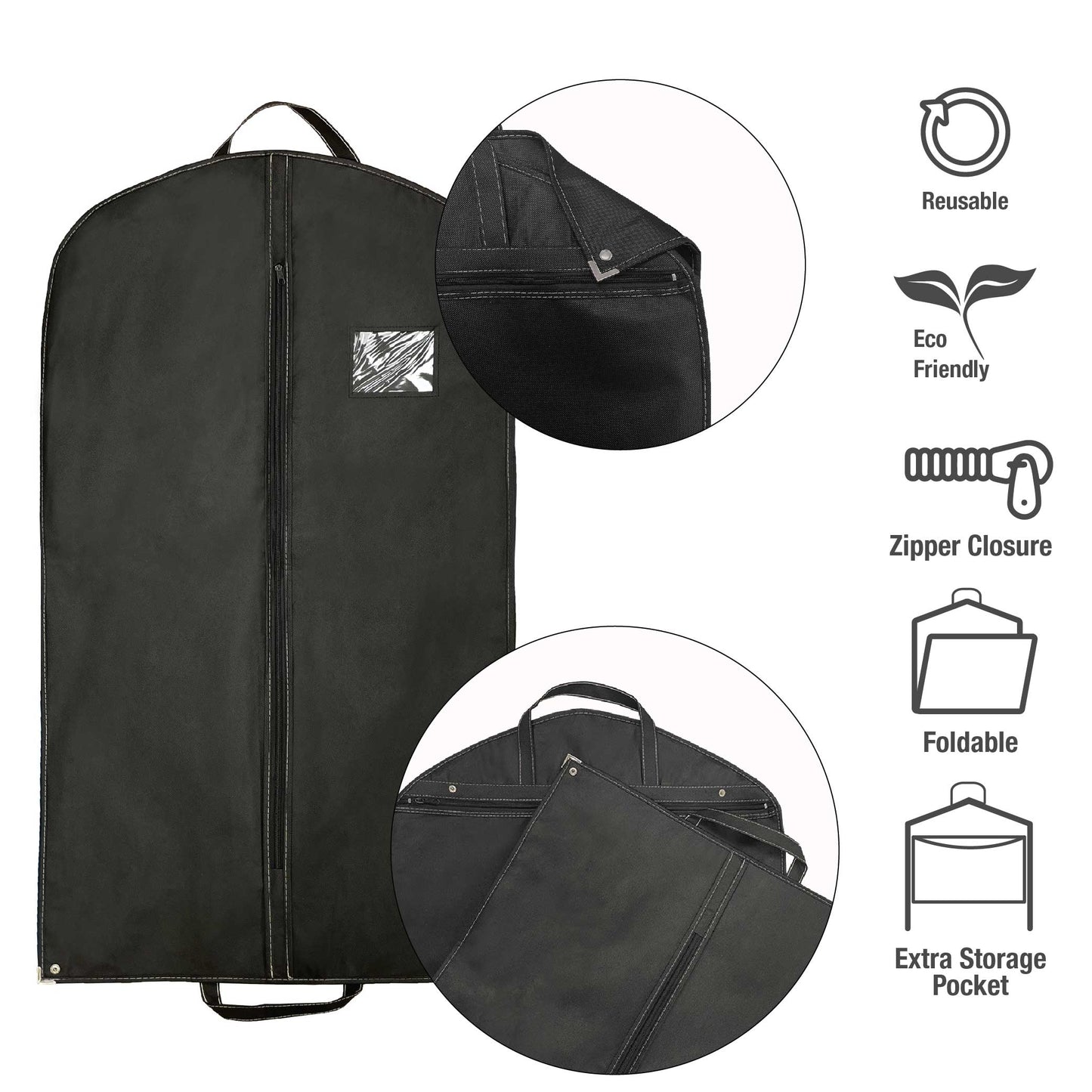 A black garment bag with zipper and pocket details