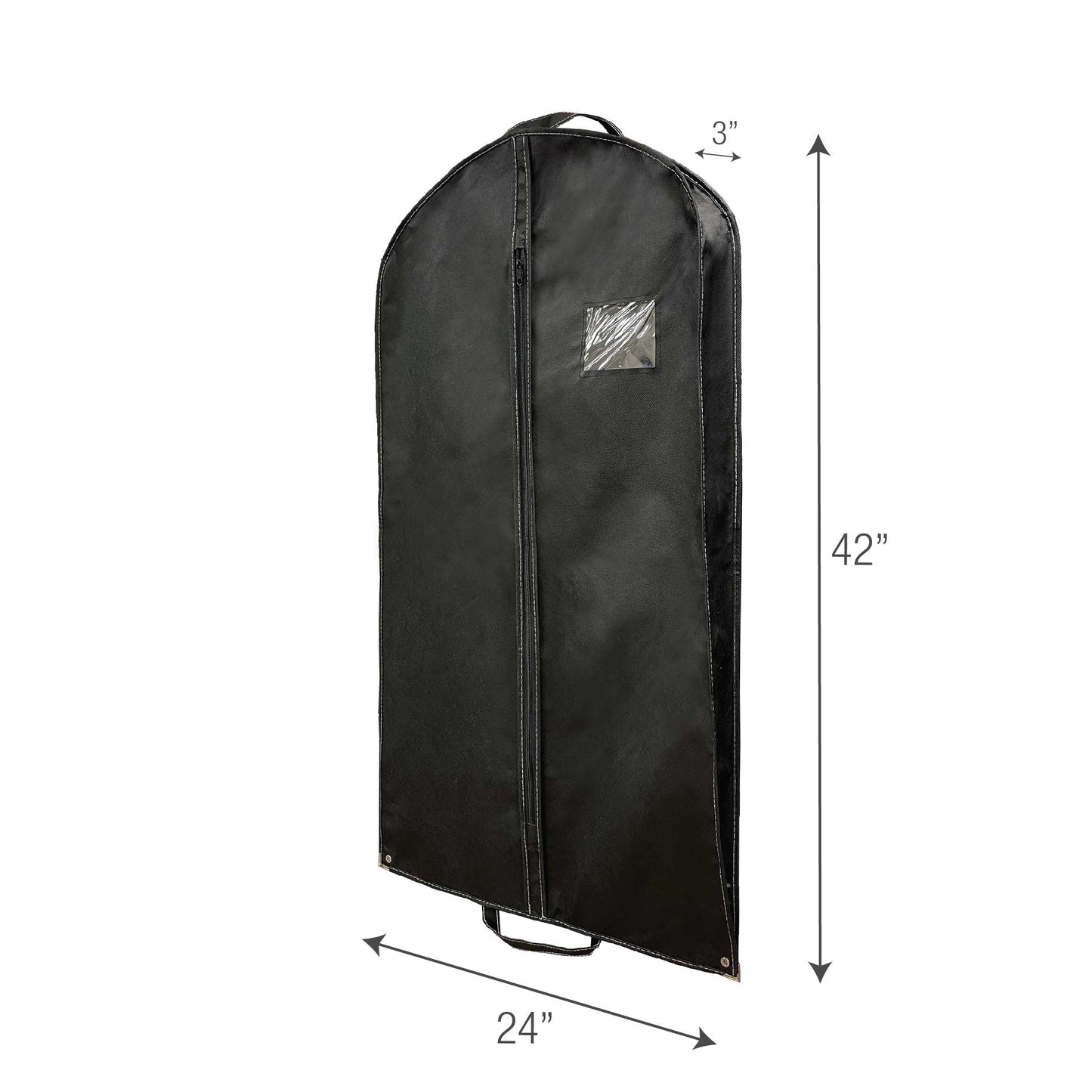A black garment bag with size details