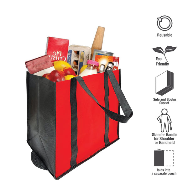 A red shopping bag filled with assorted grocery items