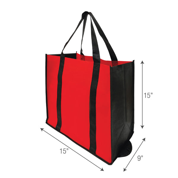 A large red shopping bag with black handles and dimensions