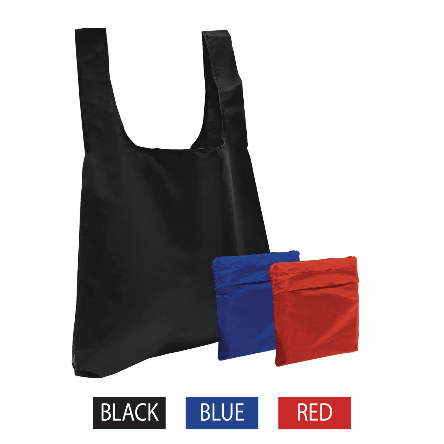 A foldable nylon shopping bag in black, red, and blue with the words "black", "blue" and "red"