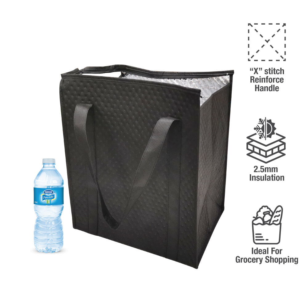 A black insulated bags with a bottle of water side by side