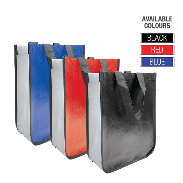 Three shopping bags in red, blue, and black colors