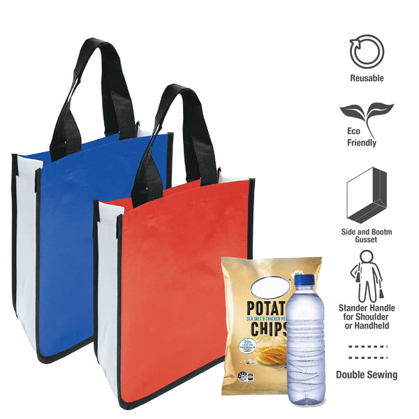 Two shopping bags with a bottle of water and a bag of chips
