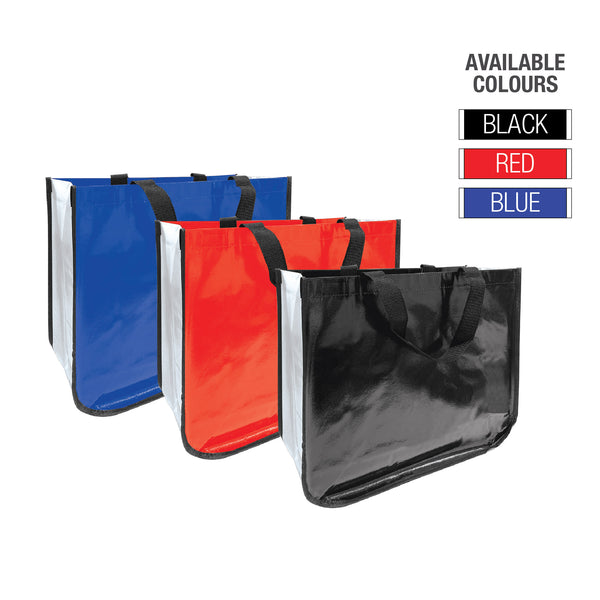 Three laminated non-woven shopping bags in red, blue, and black colors