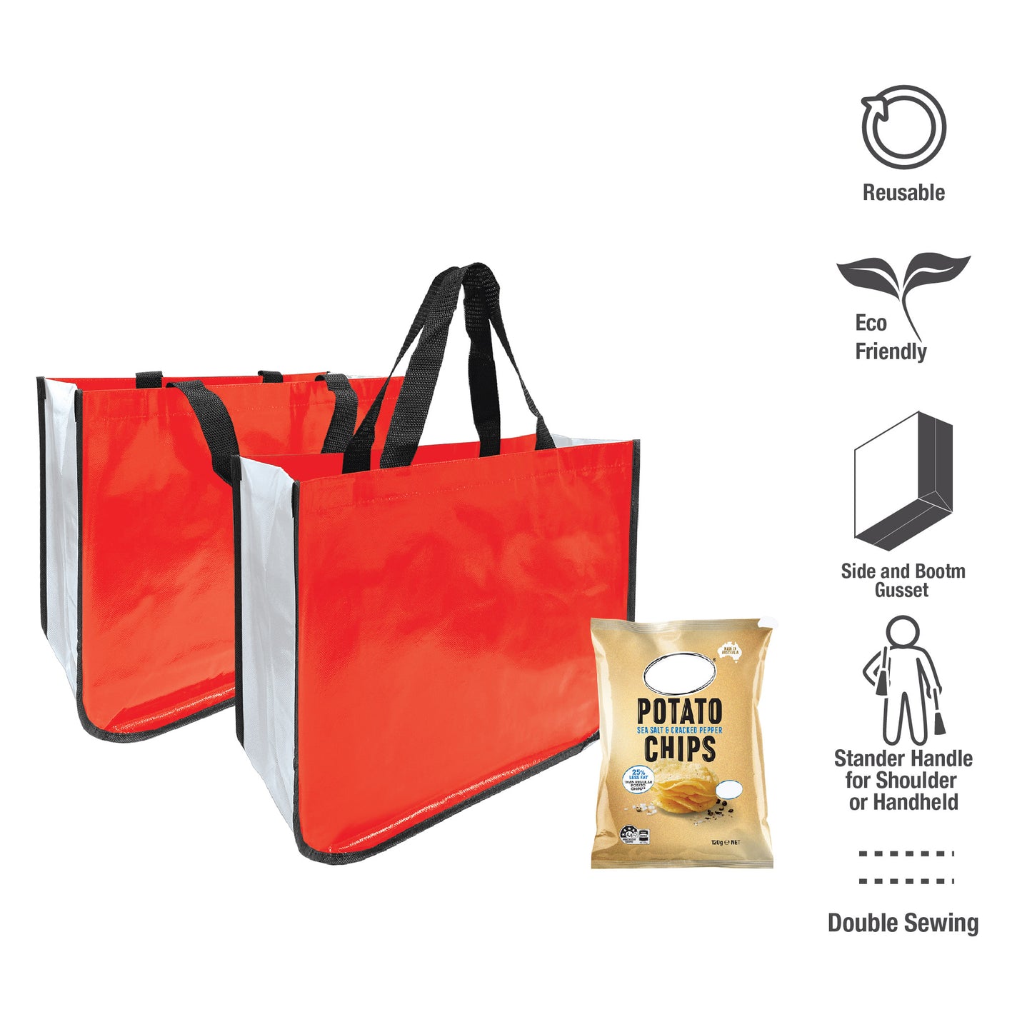 Two non-woven red shopping bags with black handles, ready to be filled with purchases.