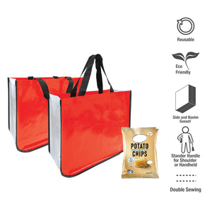 Two non-woven red shopping bags with black handles, ready to be filled with purchases. 