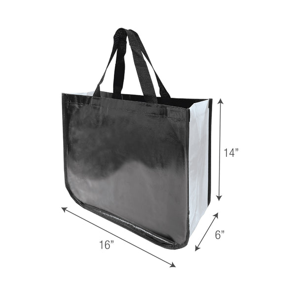 A shopping bag in black and white with size indicators