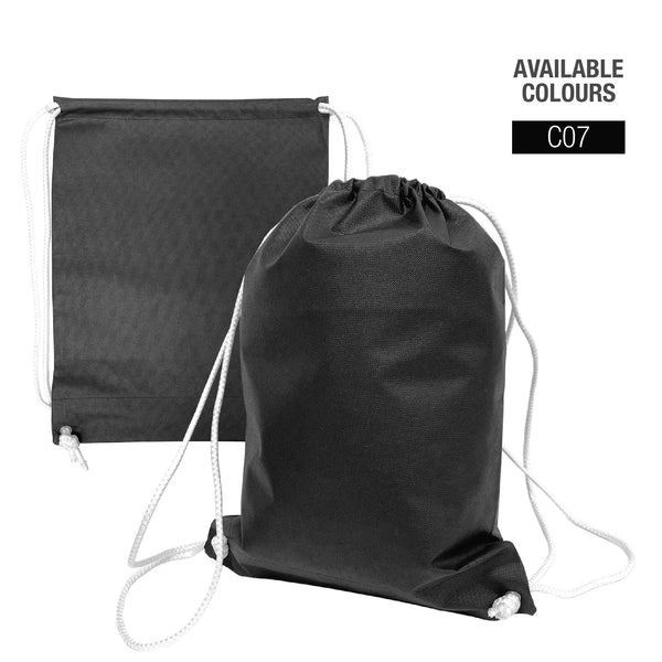 A black non-woven backpack with a white drawstring