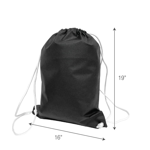 A black drawstring bag with dimensions