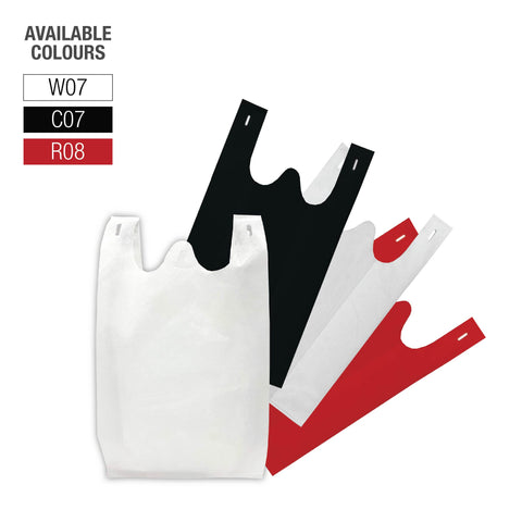 A collection of non-woven shopping bags in white, black, and red colors, displaying the words "available colours"