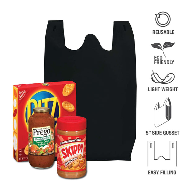 A black shopping bag with bottle of sauce and bag of chips