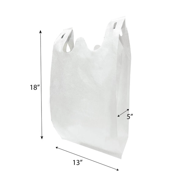 A white non-woven bag with size measurements