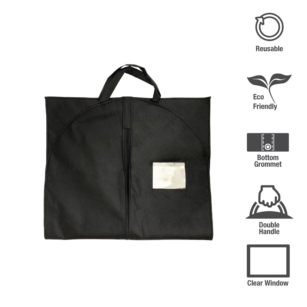 A black garment bag with a zipper and a pocket