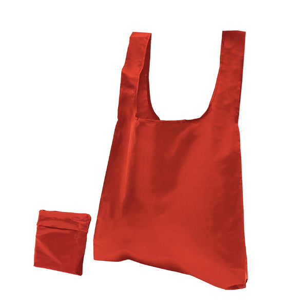 A red foldable nylon shopping bag with a small pocket