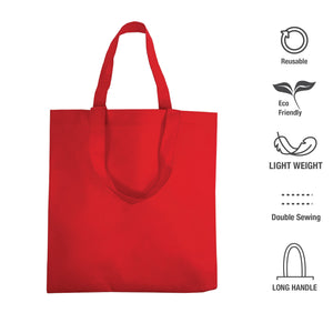Red shopping bag with handles showcasing its features