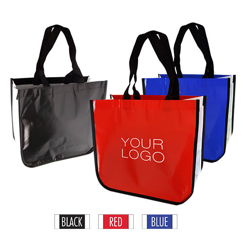 Three shopping bags in different colors, each featuring your logo prominently
