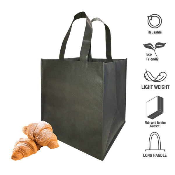 A black shopping bag with croissant and labels