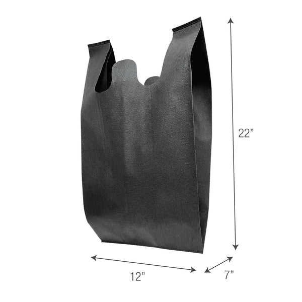 A black shopping bag with measurements: 22" x 12" x 7"