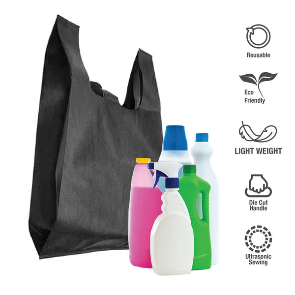A black non-woven shopping bag filled with various cleaning products