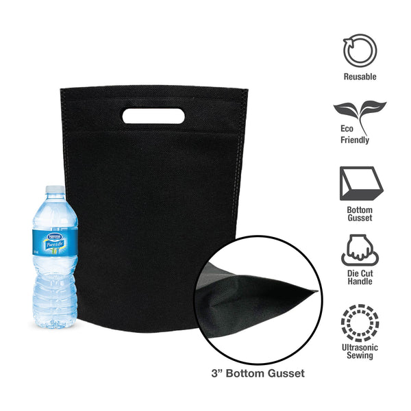 A black shopping bag with a bottle of water and labels.