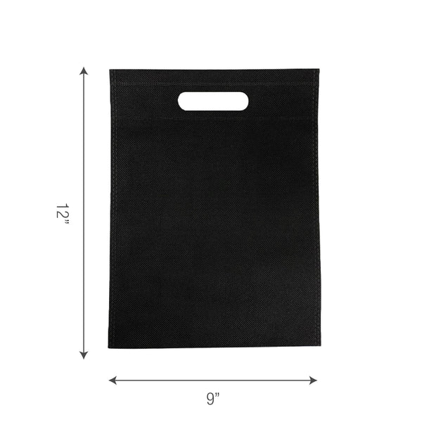 A black shopping bag with measurements