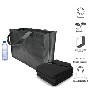 Black shopping bag with water bottle and towel.