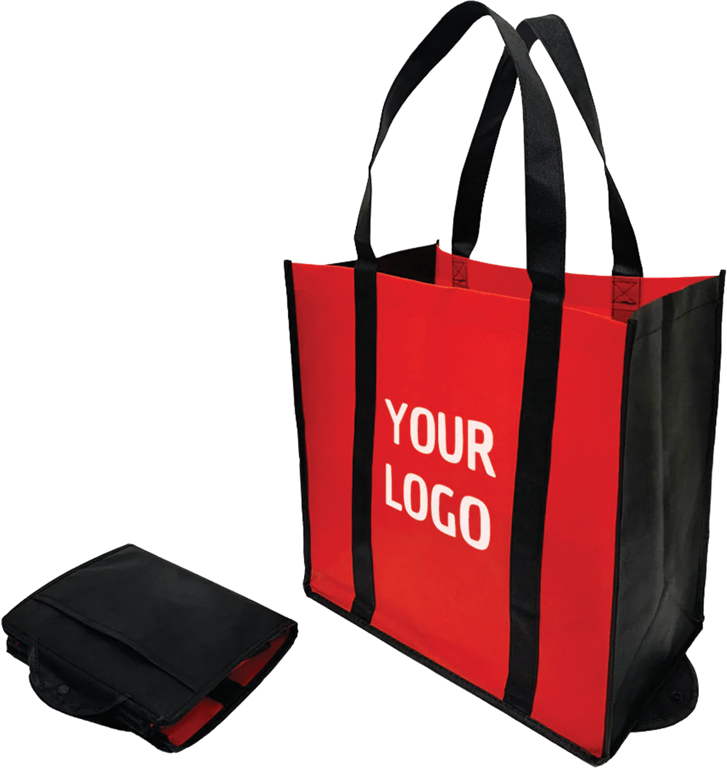 A foldable shopping bag in red and black with logo