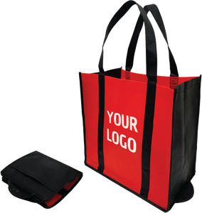 A foldable shopping bag in red and black with logo